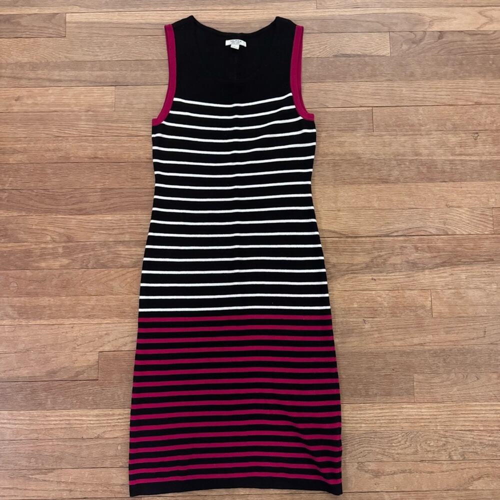 Nautica black red white striped knee length sweater dress size small S
 b67
